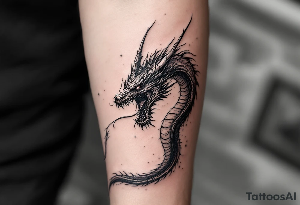 scary big dragon hissing with long tail tattoo idea