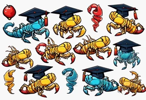 cute scorpion wearing a graduation cap that says 2023, with the background that represents game development and designs tattoo idea