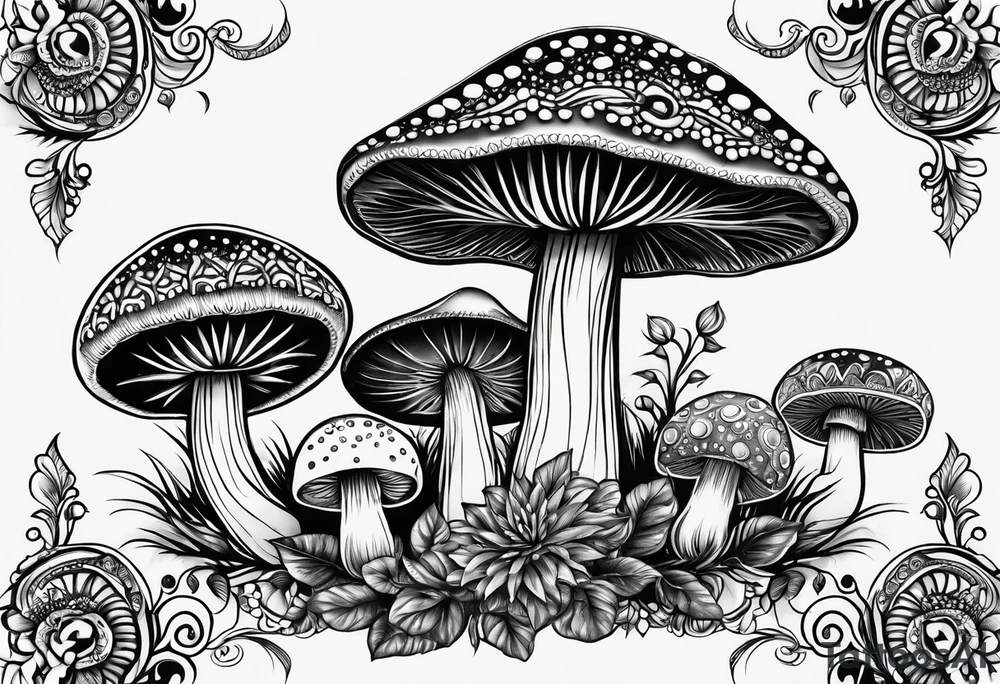 Large Shaggy cap mushroom dripping ink off cap with 4 smaller mushrooms around it mandala henna black tattoo design tattoo idea