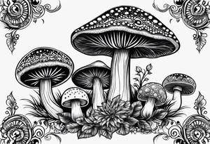 Large Shaggy cap mushroom dripping ink off cap with 4 smaller mushrooms around it mandala henna black tattoo design tattoo idea