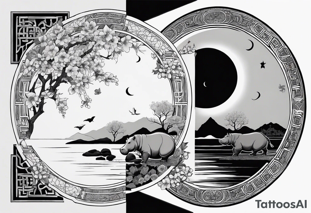 Very asymmetrical, +geometric pattern, with realistic full moon, with seeious looking hippo, +zen feel, + Buddhism touch,
with wintersweet flower bud, +portrait orientation, +inkart touch, tattoo idea
