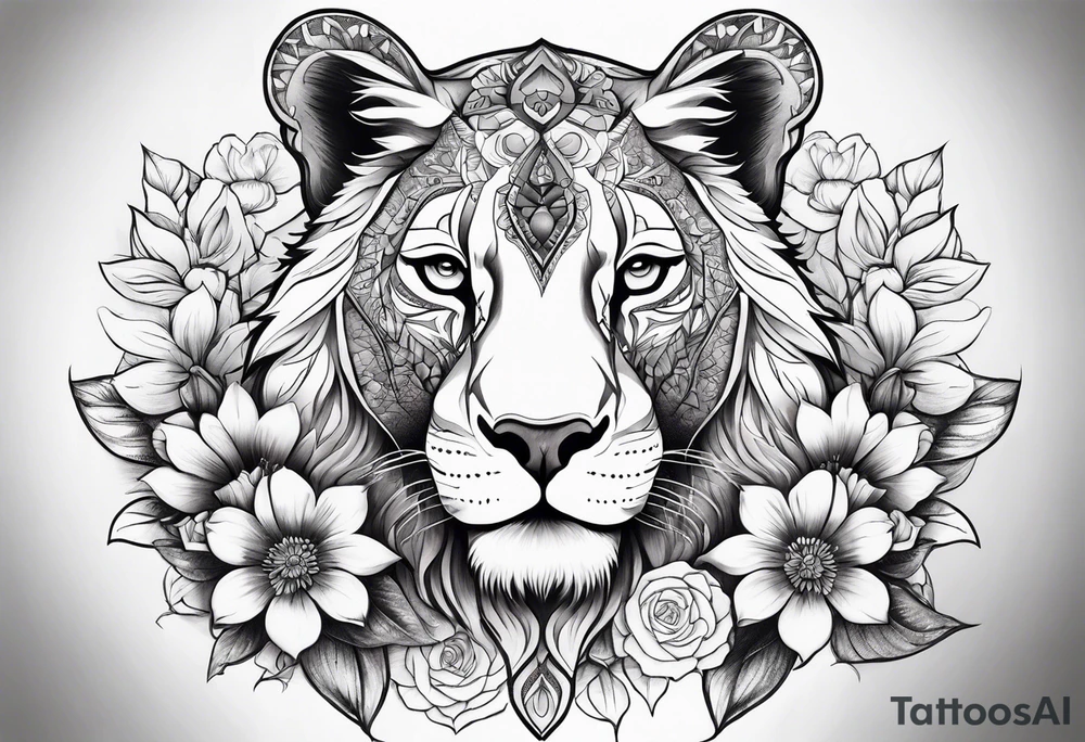 Full back piece mandala lioness flowers tattoo idea