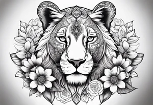 Full back piece mandala lioness flowers tattoo idea