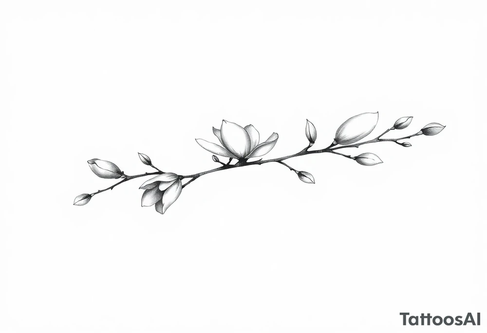 Magnolia branch long with different half opened flowers, botanical details tattoo idea
