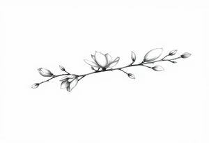 Magnolia branch long with different half opened flowers, botanical details tattoo idea