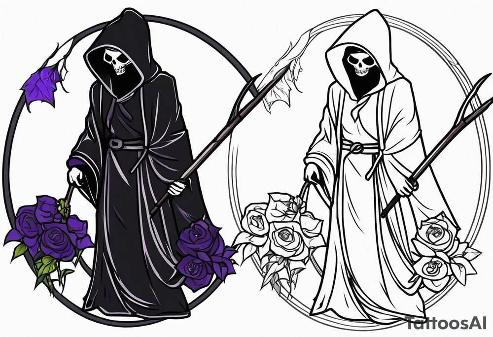 cute feminine grim reaper with scythe and nightshade tattoo idea