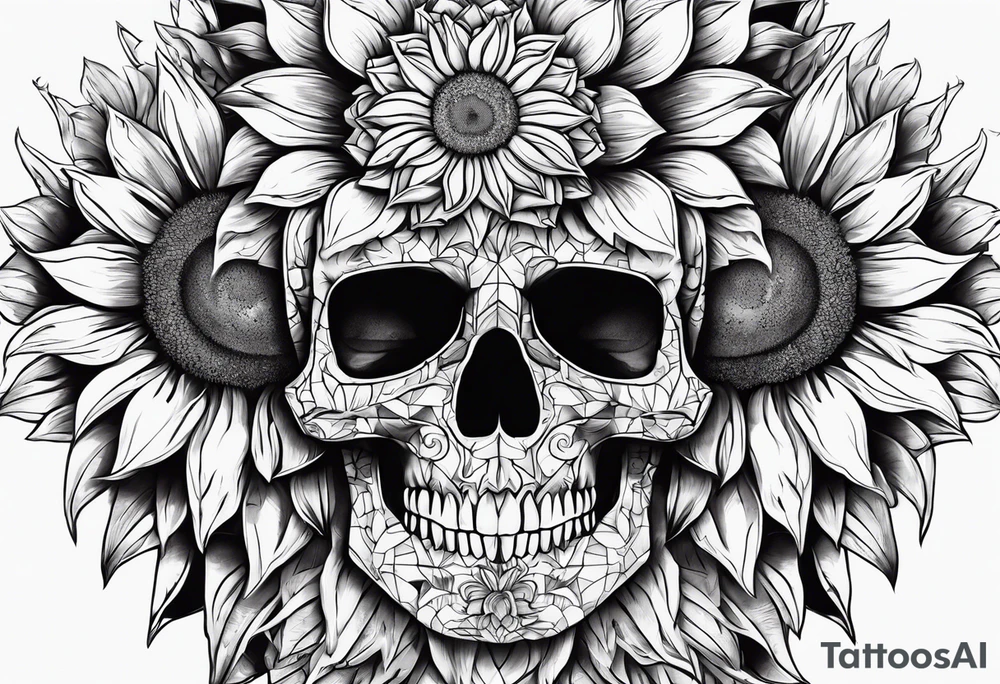 Sunflower, skull, puzzle pieces of face with skin tattoo idea