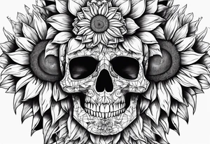 Sunflower, skull, puzzle pieces of face with skin tattoo idea