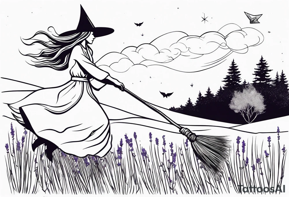 Witch on a broom flying over a field of lavender tattoo idea