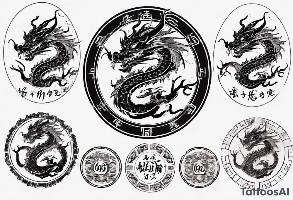 Chinese dragon in a circular shape with "02.03" written on its skin tattoo idea