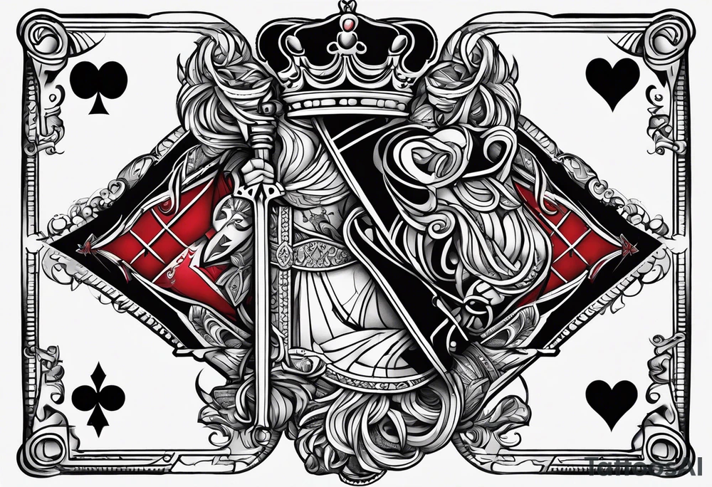 one playing card with both queen of hearts and king of spades incorporated in extreme minimalistic style tattoo idea