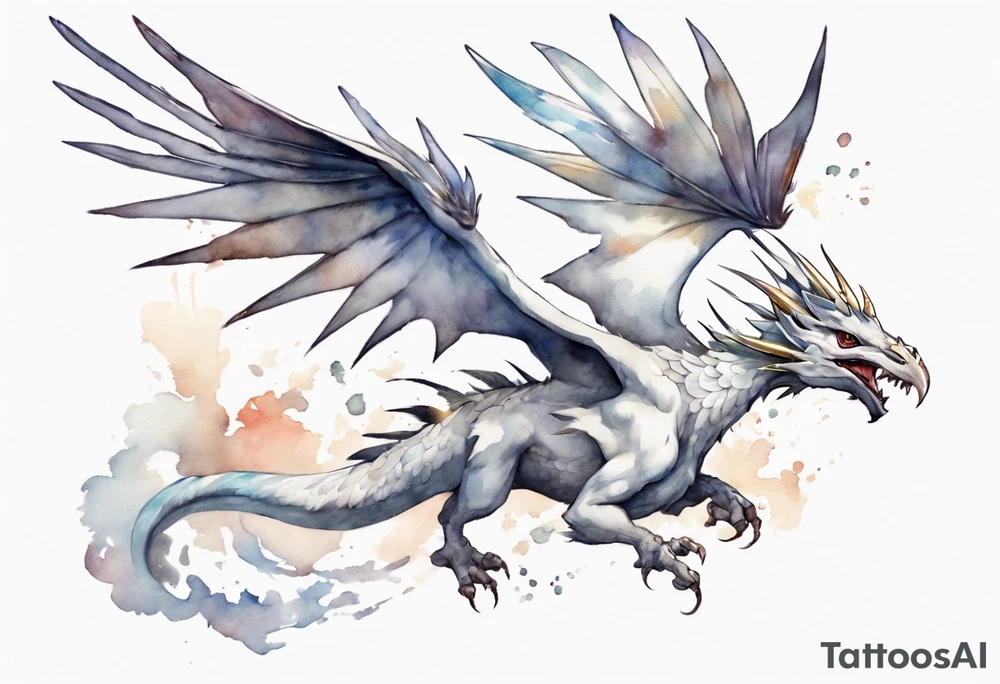 a white bird-wyvern hybrid, wearing a pewter crown on its head, flying in the air tattoo idea