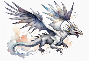 a white bird-wyvern hybrid, wearing a pewter crown on its head, flying in the air tattoo idea
