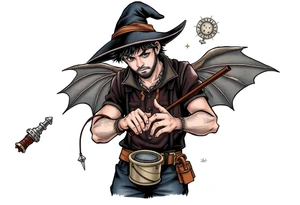 Young guy is exploring witch supplies, tools, equipment tattoo idea