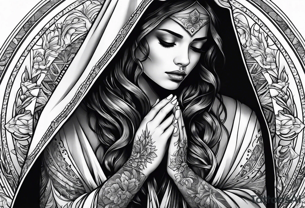 Woman in cloak praying hands side view tattoo idea
