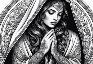 Woman in cloak praying hands side view tattoo idea