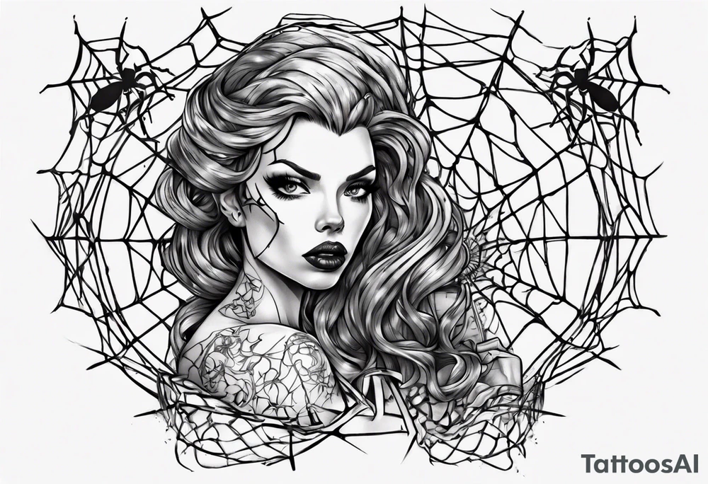 Black widow queen tangled web tattoo idea