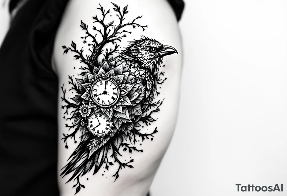 left arm tattoo of a raven mandala on a branch with clock face tattoo idea