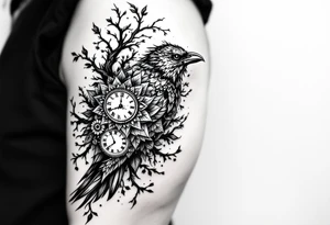 left arm tattoo of a raven mandala on a branch with clock face tattoo idea