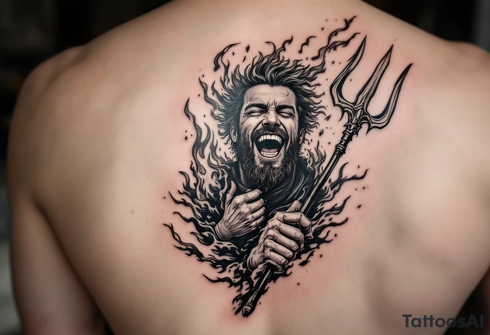 laughing man with a trident, surrounded by fire and water tattoo idea