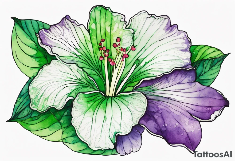 An outline of a green rio dipladenia flower and a green and purple watercolor splash in the background tattoo idea