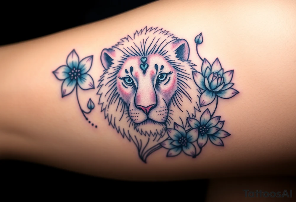 Lion with blue eyes surrounded by larkspur and water lily tattoo idea