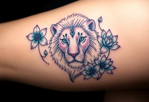 Lion with blue eyes surrounded by larkspur and water lily tattoo idea