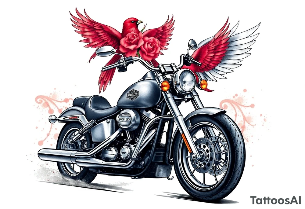 Harley grey motorcycle driving away, two red birds flying, roses, flames, angel wings tattoo idea