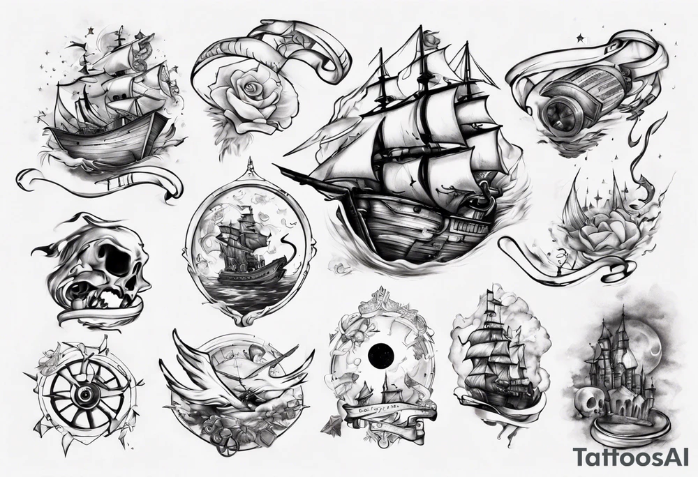Create a tattoo blending the musical Hamiton and the movie Treasure Planet and the Lyrics "Dying is Easy, Living is Harder" and "I'm still here" tattoo idea