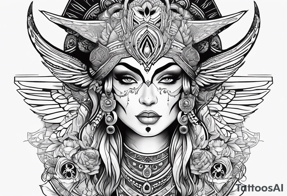 kali, alien goddess, valkrye, pirate, zenza, lotus, wing, pachamama, skull tattoo idea
