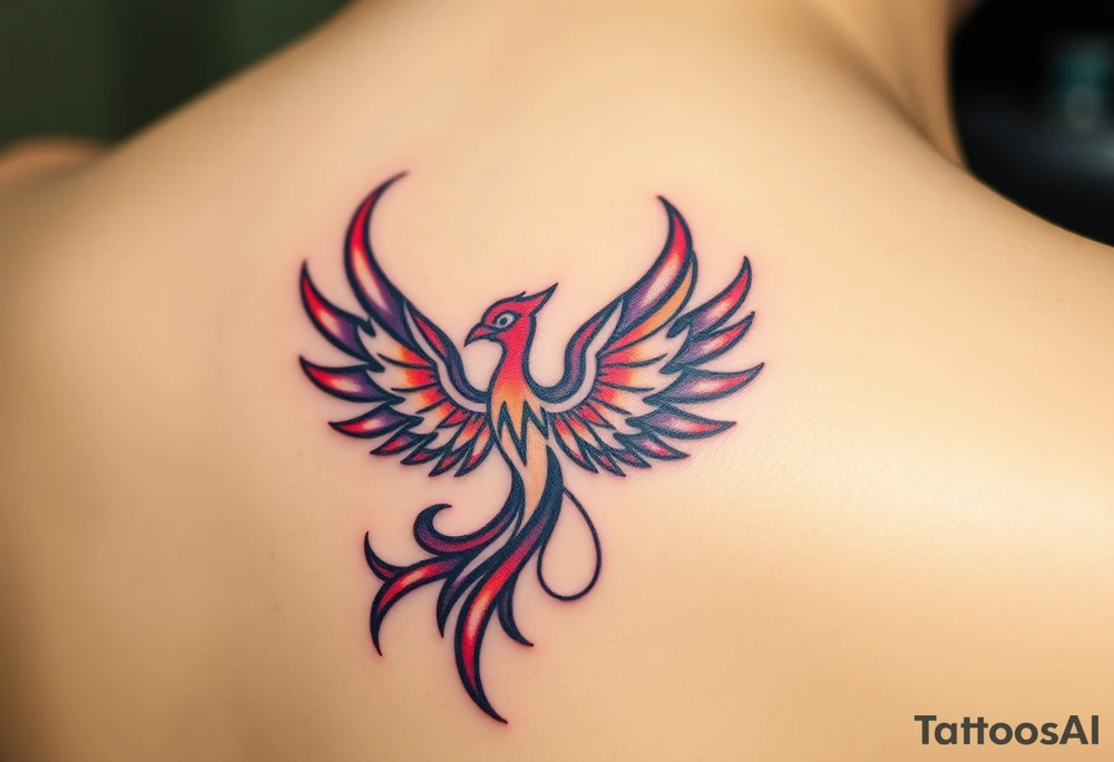 Phoenix rising from the ashes with the colors red, pink, orange and purple. Size 3 cm wide and 5 cm high tattoo idea