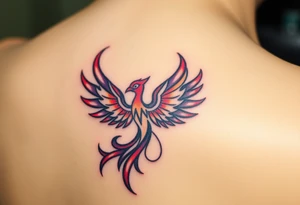 Phoenix rising from the ashes with the colors red, pink, orange and purple. Size 3 cm wide and 5 cm high tattoo idea