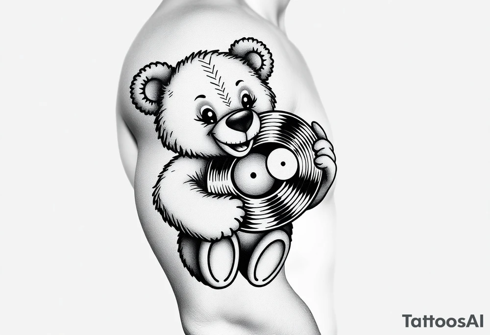 smiling cartoon teddy bear holding a vinyl record tattoo idea