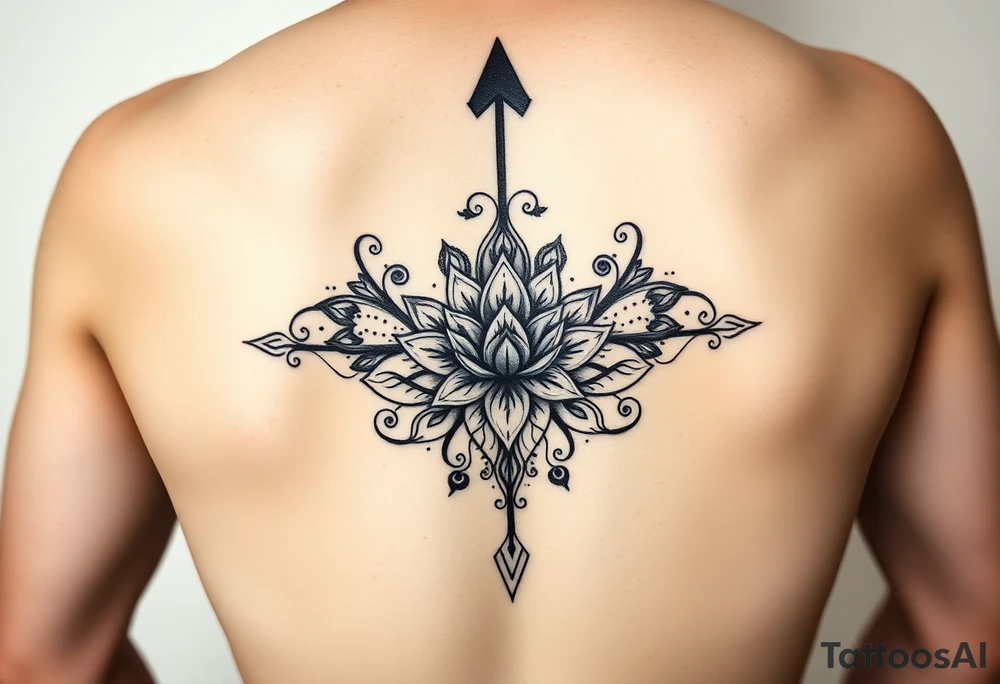 spine tattoo design with symmetrical ornamental patterns, combining dotwork, mandala elements, and flowing lines that follow the natural curves of the body with tribal-inspired lower back tattoo with sweeping symmetrical curves, bold linework, and soft floral accents, creating a feminine yet powerful aesthetic. The design is intricate and balanced. to cover up a dark arrow with lotus flower in middle tattoo idea