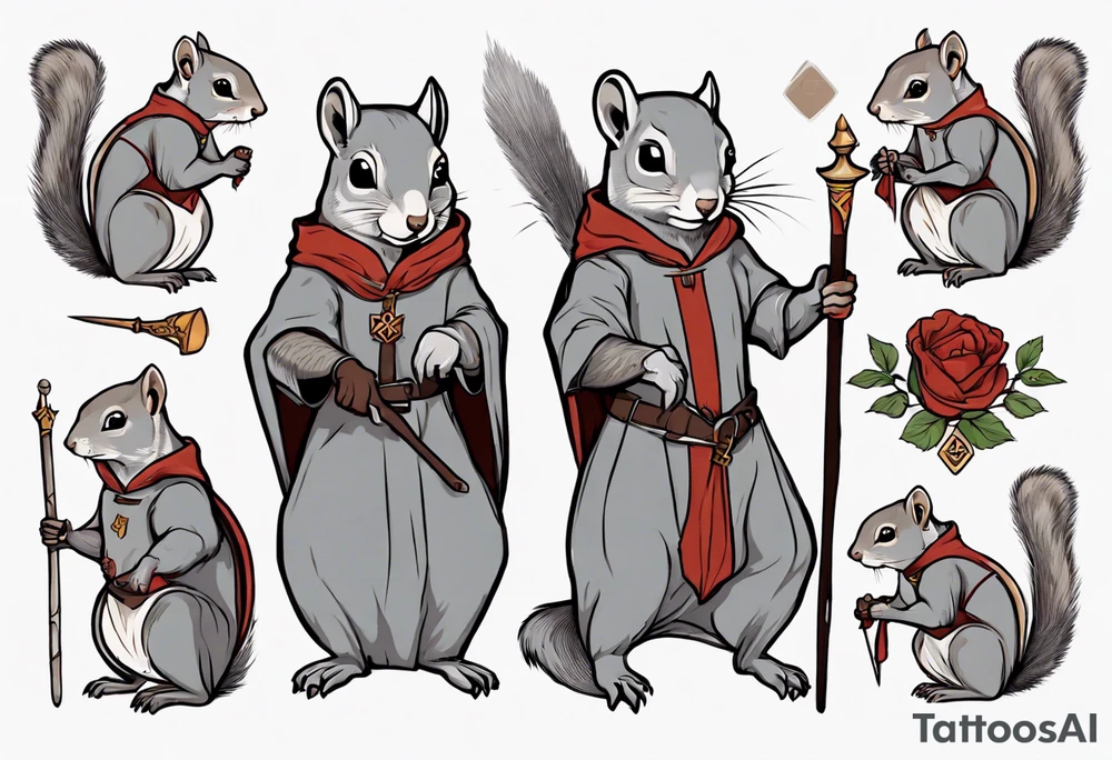 a grey squirrel dressed in a medieval tunic holding a silver staff tattoo idea