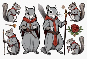 a grey squirrel dressed in a medieval tunic holding a silver staff tattoo idea