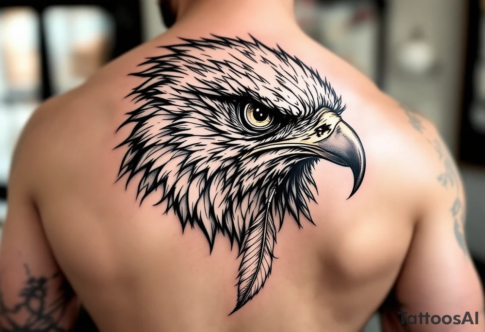 Fierce bird with all seeing gaze and sharp talons with feather in beak tattoo idea