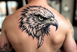 Fierce bird with all seeing gaze and sharp talons with feather in beak tattoo idea