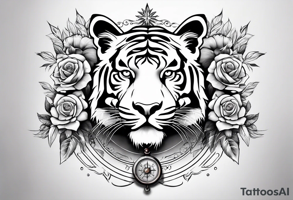 Full arm sleeve with compass and tiger roses tattoo idea Full arm sleeve with compass and tiger roses tattoo idea