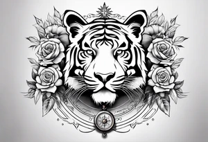 Full arm sleeve with compass and tiger roses tattoo idea