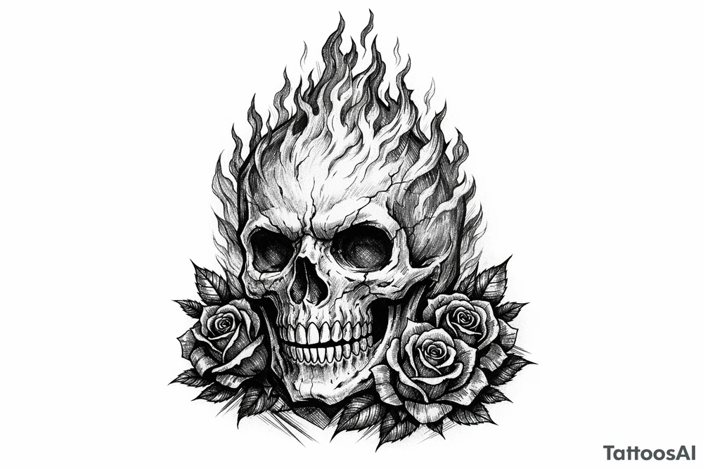 Realistic skull with vibrant orange and red flames, dark red roses at base. tattoo idea