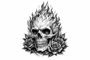 Realistic skull with vibrant orange and red flames, dark red roses at base. tattoo idea