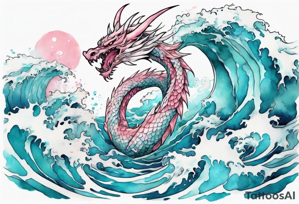 a beautiful turquoise pink and white wyvern rising from the blue waves of the ocean tattoo idea