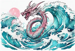 a beautiful turquoise pink and white wyvern rising from the blue waves of the ocean tattoo idea