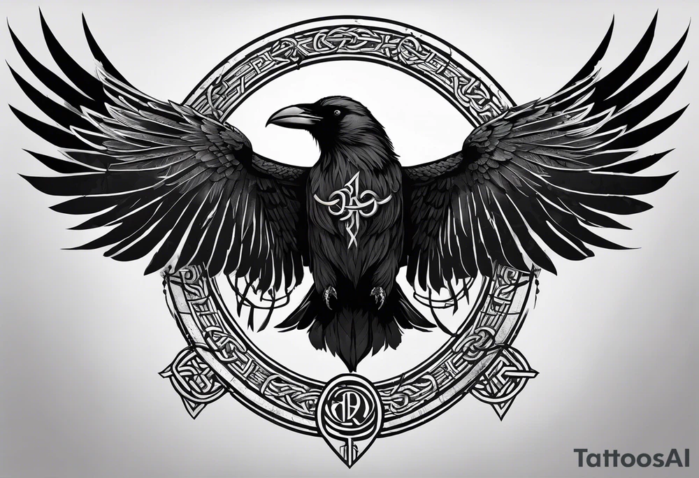 Black and white odins raven in a Norse rune style for placement on the neck with the ravens wings going up the sides of the neck. Norse knots and runes throughout tattoo idea