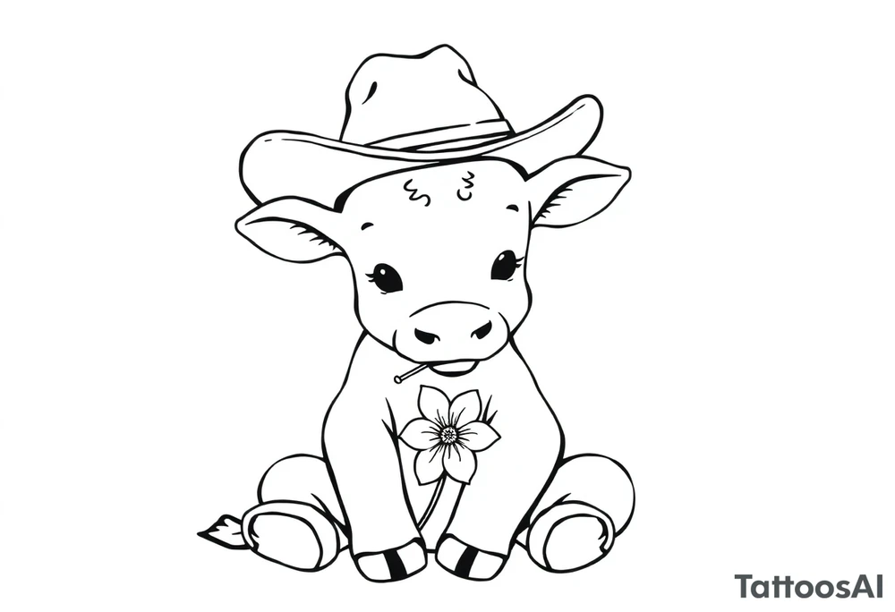 cute black and white baby cow sitting wearing a cowboy hat with a flower in mouth tattoo idea