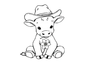 cute black and white baby cow sitting wearing a cowboy hat with a flower in mouth tattoo idea