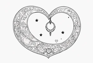 Crescent moon with heart shaped jewels dangling from the bottom of it tattoo idea