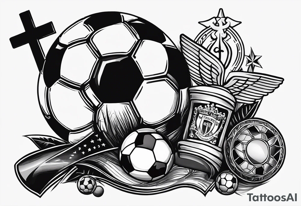 MÉS QUE UN CLUB text with soccer ball and a cross tattoo idea