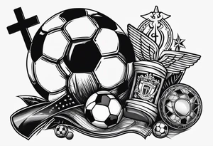 MÉS QUE UN CLUB text with soccer ball and a cross tattoo idea